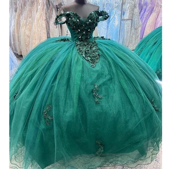 Черновато-зеленый Блестящая принцесса Quinceanera Платья Бальное платье 2024 Кружевные аппликации 3DFlower Sweet 16 Платье Vestidos de 15 Años