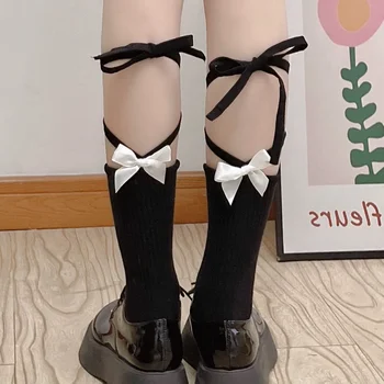 Черные носки с бантом, симпатичные длинные носки, чулки, женские JK Lolita, сладкие девочки, повязка в японском стиле, бант, кавайный носок, белый, 1 пара, новый