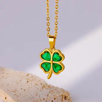 четырехлистный клевер ожерелья из нержавеющей стали для женщин зеленый циркон золотой цвет качество ювелирные изделия кулон ожерелье подарок бесплатная доставка