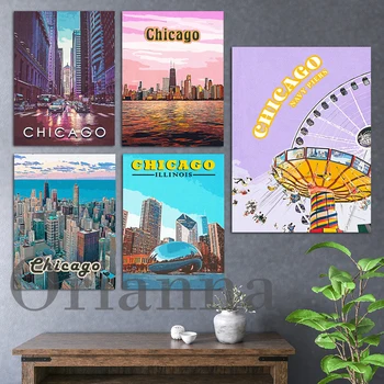 Чикагская галерея винтажных туристических плакатов, Иллинойс США Подарок для путешествий, Ретро-стиль, Настенные художественные принты, Домашний декор гостиной Cuadros