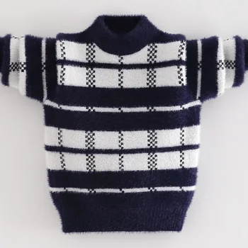 Шерстяной свитер для мальчиков Вязание крючком хлопок Ветрозащитная полоса 2023 Плед Теплый утолщенный осенне-зимний пуловер Детская одежда больших размеров
