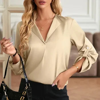 Элегантная атласная офисная блузка с длинным рукавом, женская мода с V-образным вырезом, элегантная рубашка, женская повседневная твердая шелковая свободные топы Blusas Mujer 30328
