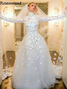  Элегантные свадебные платья с высоким вырезом и длинным рукавом А-силуэт Иллюзия Цветочные аппликации Кружева Кантри Свадебные платья