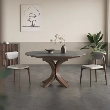 【Double Twelve】Обеденный стол из телескопического сланца, круглый современный, простой, квадратный, круглый, поворотный, складной массив дерева, круглый стол