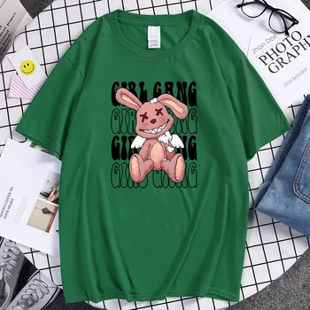 Girl Gang Broken Rabbit Doll Printing Футболки Футболки Harajuku Мягкая футболка Мужская летняя хлопковая топ Удобные футболки с графикой Мужские