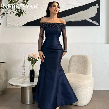 Nersesyan Русалка Темно-синий атлас вечерние платья с открытыми плечами блестящие длинные рукава вечерние платья плиссировки выпускное платье