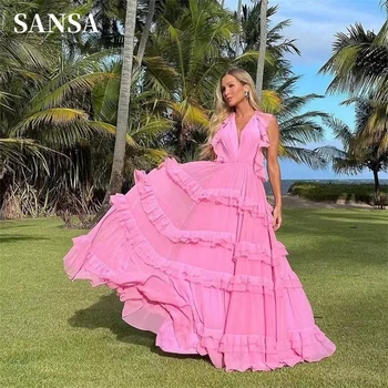 Sansa Summer Open Back Floor Longht فساتين السهرة Сексуальное выпускное платье без рукавов с V-образным вырезом Блестящий светло-розовый Vestidos De Noche