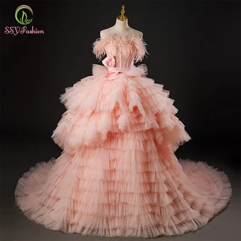 SSYFashion Новое роскошное розовое вечернее платье для женщин Сладкая принцесса Кружева Перо Торт Стиль Вечеринка Вечерние платья Vestidos De Fiesta