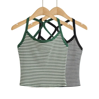 Симпатичные укороченные топы женские 2022 Летняя одежда для женщин крест-накрест топ сексуальный трикотажный топ ками зеленый полосатый топ с открытой спиной