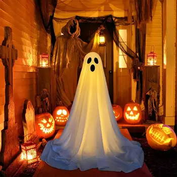  Уникальный призрачный призрак на Хэллоуин Зажгите жуткое белое призрачное украшение со светодиодными гирляндами Хэллоуин Украшение на открытом воздухе